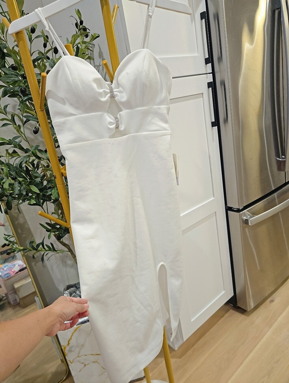 Strapless White Bodycon Dress with Front Slit